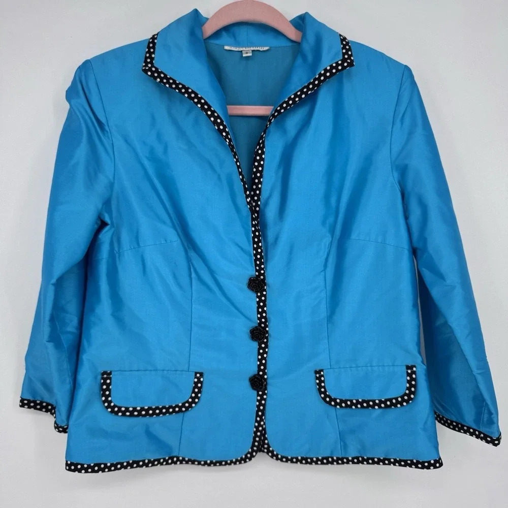 Marisa Baratelli 100% Thai Silk Blazer Blue Polka Dot Trim‎ Luxury Evening 8